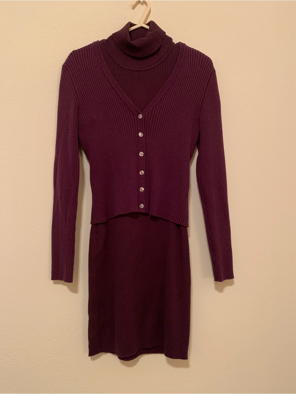 Ribbed Turtle-Neck Body-Con Sweater Dress & Cardigan in Deep Purple (Two-Piece)